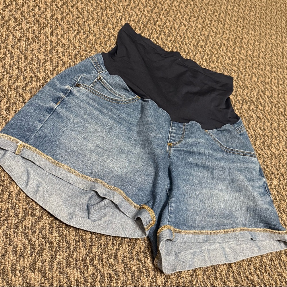 a:glow High Waist Denim Maternity Shorts - Blue and Black